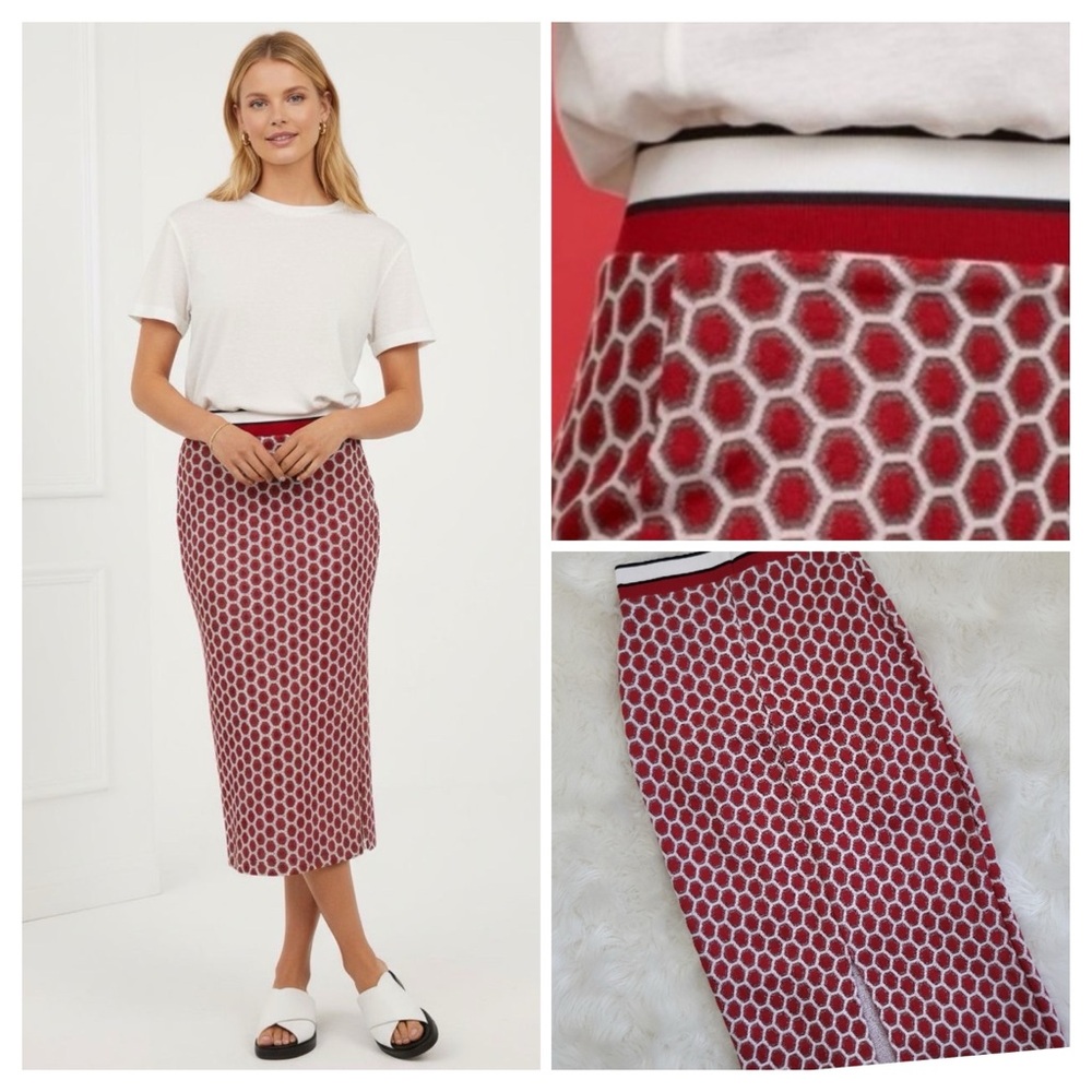 GP & J BAKER X H&M PATTERNED PENCIL RED-WHITE-METALLIC SKIRT WOMEN'S SIZ…